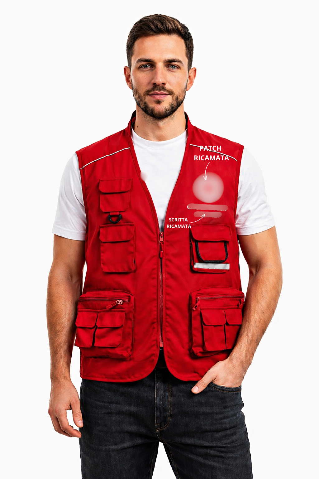 Gilet Multitasche Con Ricami e Patch