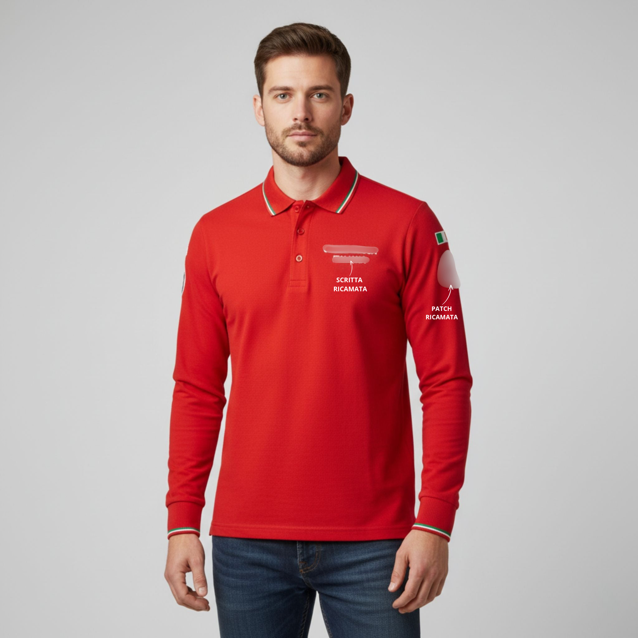 Polo Rossa Manica Lunga Con Patch e Ricami
