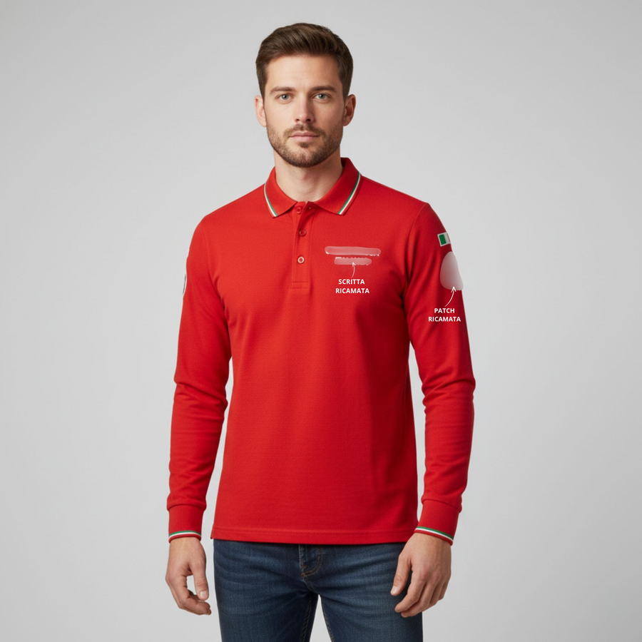 Polo Rossa Manica Lunga Con Patch e Ricami