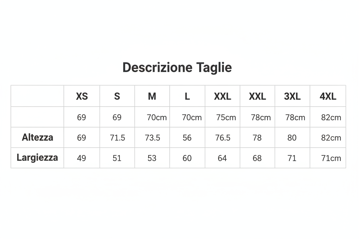 Descrizione taglie
Taglia	XS	S	M	L	XL	XXL	3XL	4XL
Altezza	69	71.5	73.5	75	76.5	78	80	82
Larghezza	49	51	53	56	60	64	68	71
